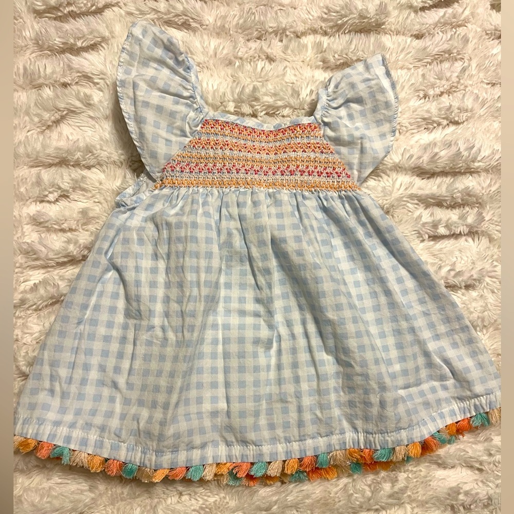 Artisan NY Blue Checkered Kids Dress with Colorful Tassels 24M
